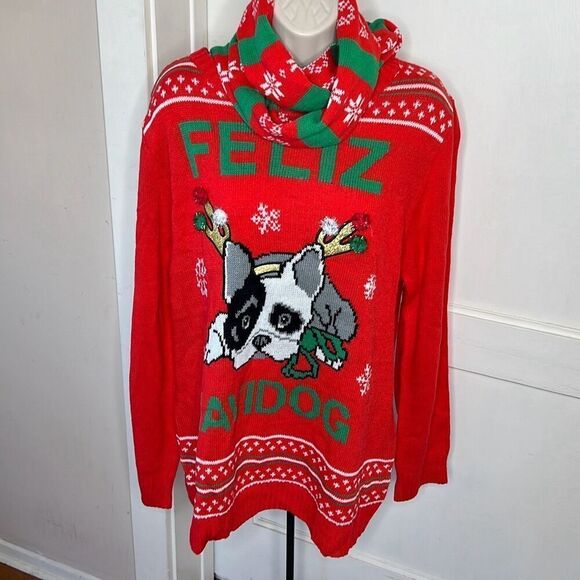 Self Esteem Ugly Cristmas "Feliz Navidog" Sweater Frenchie Bull Dog & Scarf Plu - Picture 1 of 8